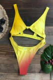 Yellow Sexy Gradual Change Print Hollowed Out Backless Swimwears (With Paddings)