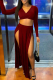 Deep Red Casual Solid High Opening V Neck Long Sleeve Two Pieces