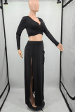Deep Red Casual Solid High Opening V Neck Long Sleeve Two Pieces