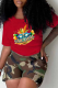 Red Street Print Patchwork O Neck T-Shirts