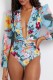 Blue Sexy Print Hollowed Out Patchwork Swimwears