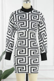 Black White Casual Print Patchwork O Neck Long Sleeve Two Pieces