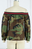 Camouflage Casual Camouflage Print Patchwork Off the Shoulder Outerwear