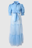 Light Blue Casual Solid Bandage Patchwork Buckle Fold Turndown Collar Straight Dresses
