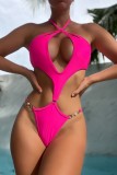 Yellow Sexy Solid Bandage Hollowed Out Backless Swimwears (With Paddings)