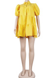 Yellow Casual Sweet Solid Patchwork Buckle Turndown Collar Princess Dresses