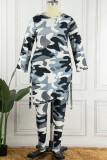 Gray White Casual Print Camouflage Print Bandage Patchwork Asymmetrical O Neck Plus Size Two Pieces