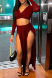 Deep Red Casual Solid High Opening V Neck Long Sleeve Two Pieces