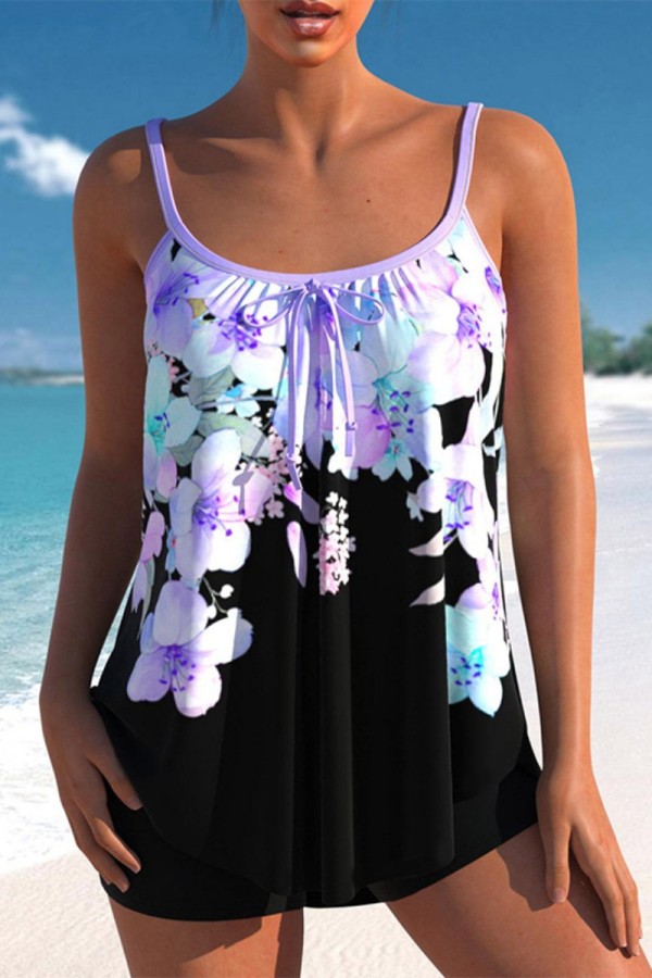 Purple Sexy Print Backless Swimwears (With Paddings)