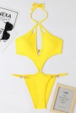 Yellow Sexy Solid Bandage Hollowed Out Backless Swimwears (With Paddings)