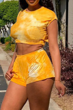 Yellow Street Patchwork Tie-dye O Neck Short Sleeve Two Pieces