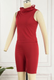 Rose Red Casual Solid Patchwork Turtleneck Sleeveless Two Pieces