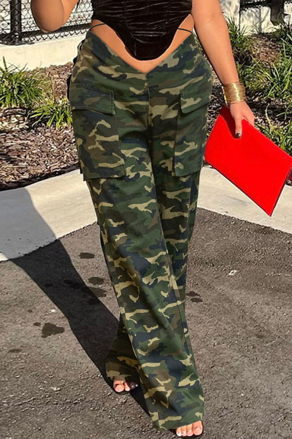 Camouflage Street Print Camouflage Print Patchwork Straight Mid Waist Straight Full Print Bottoms