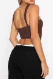 Black Sexy Solid Hollowed Out Patchwork Fold Tops