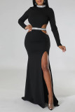 Black Sexy Solid Hollowed Out Patchwork Slit Hot Drill Half A Turtleneck Evening Dress Dresses