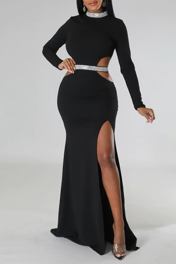 Black Sexy Solid Hollowed Out Patchwork Slit Hot Drill Half A Turtleneck Evening Dress Dresses