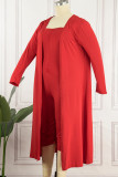 Red Casual Solid Basic Plus Size Two Pieces