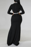Black Sexy Solid Hollowed Out Patchwork Slit Hot Drill Half A Turtleneck Evening Dress Dresses