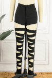 Red Casual Solid Hollowed Out Patchwork Skinny High Waist Pencil Solid Color Trousers