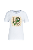 White Street Party Print Patchwork O Neck T-Shirts