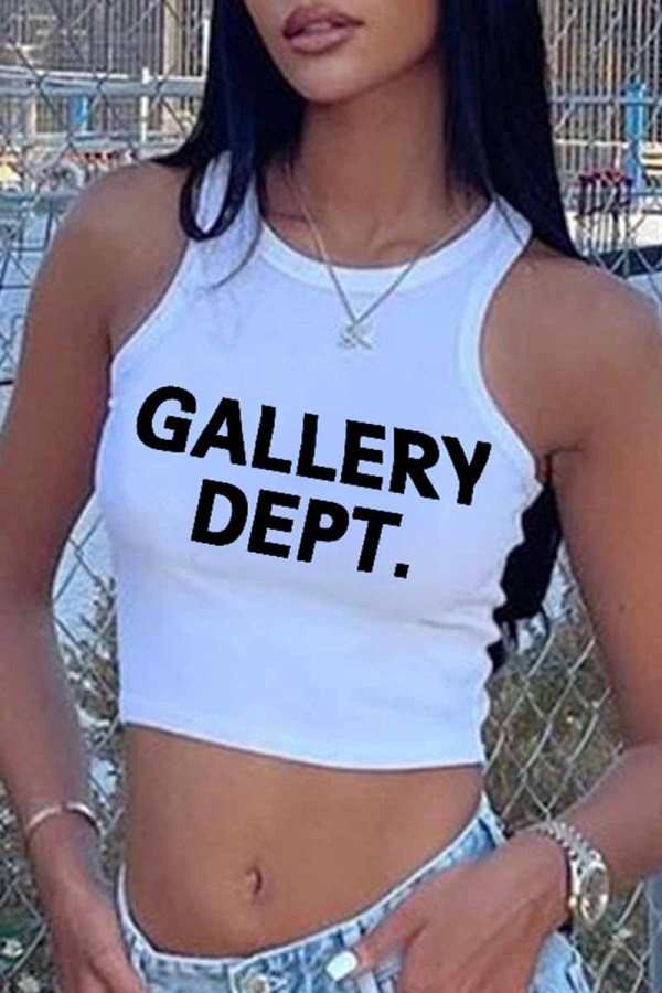 White Street Print Letter O Neck Tops