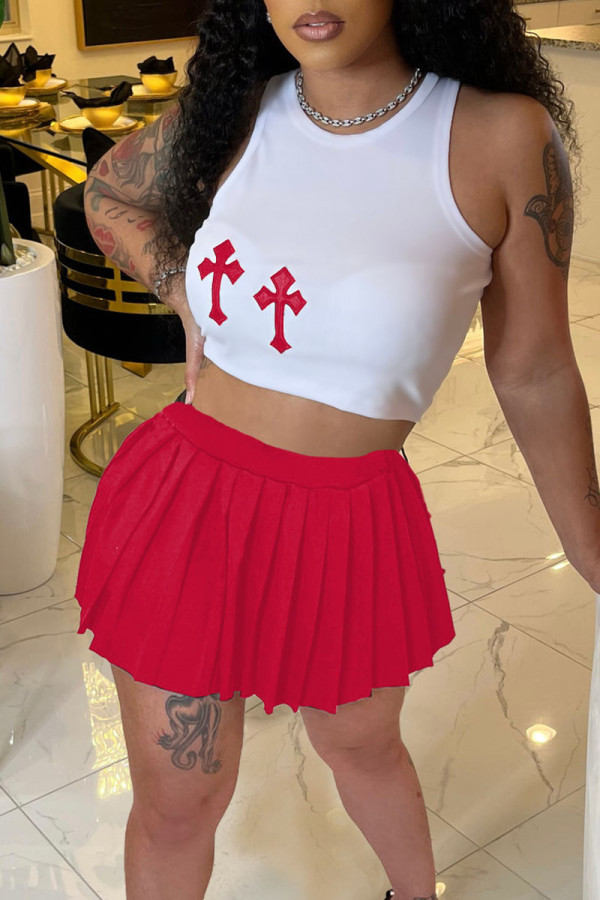 Red Sexy Print Patchwork Fold O Neck Sleeveless Two Pieces