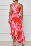 Orange Sexy Elegant Print Patchwork Fold Asymmetrical Oblique Collar Irregular Dress Dresses