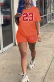 Orange Casual Print O Neck Short Sleeve Two Pieces
