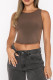 Coffee Sexy Solid Patchwork Slit O Neck Tops