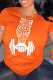 Orange Vintage Print Patchwork Letter O Neck T-Shirts