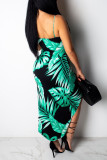 Green Sexy Print Patchwork Slit Spaghetti Strap Sling Dress Dresses