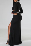 Black Sexy Solid Hollowed Out Patchwork Slit Hot Drill Half A Turtleneck Evening Dress Dresses