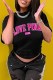 Black Casual Print Letter O Neck T-Shirts