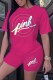 Rose Red Casual Print Letter O Neck Short Sleeve Two Pieces