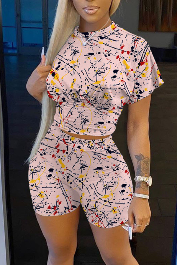 Pink Casual Print O Neck Short Sleeve Two Pieces