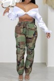 Green Casual Camouflage Print Ripped Regular High Waist Conventional Full Print Bottoms