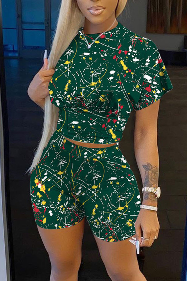 Army Green Casual Print O Neck Short Sleeve Two Pieces