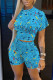 Blue Casual Print O Neck Short Sleeve Two Pieces