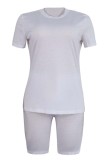 White Casual Solid Basic O Neck Short Sleeve Two Pieces