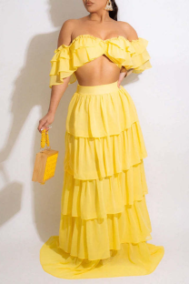 Yellow Sexy Solid Flounce Strapless Short Sleeve Two Pieces