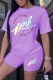 Purple Casual Print Letter O Neck Short Sleeve Two Pieces