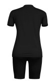 Black Casual Solid Basic O Neck Short Sleeve Two Pieces