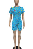 Pink Casual Print O Neck Short Sleeve Two Pieces