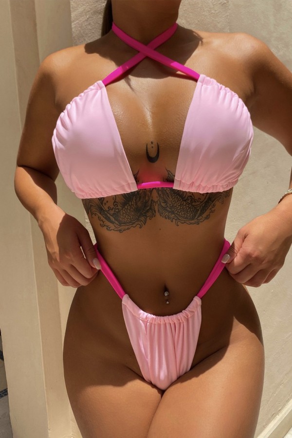 Pink Sexy Solid Bandage Patchwork Backless Swimwears (With Paddings)