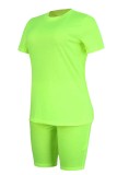 Yellow Casual Solid Basic O Neck Short Sleeve Two Pieces
