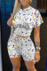 White Casual Print O Neck Short Sleeve Two Pieces
