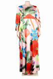 Red Casual Print Patchwork O Neck Printed Dress Plus Size Dresses