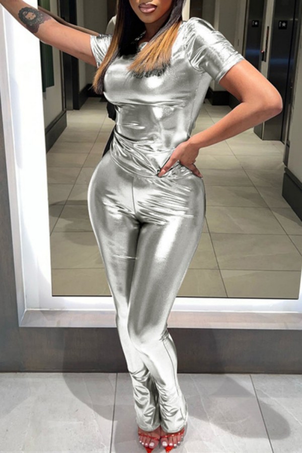 Silver Casual Solid Basic O Neck Short Sleeve Two Pieces