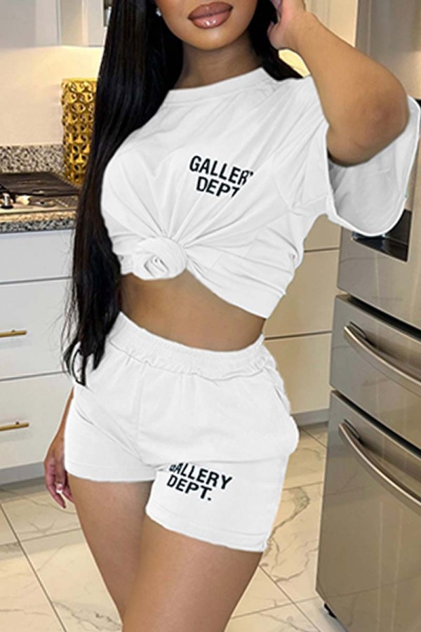 White Casual Letter Print Basic O Neck Short Sleeve Two Pieces