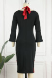 Rose Red Vintage Elegant Solid Patchwork Slit Halter One Step Skirt Dresses